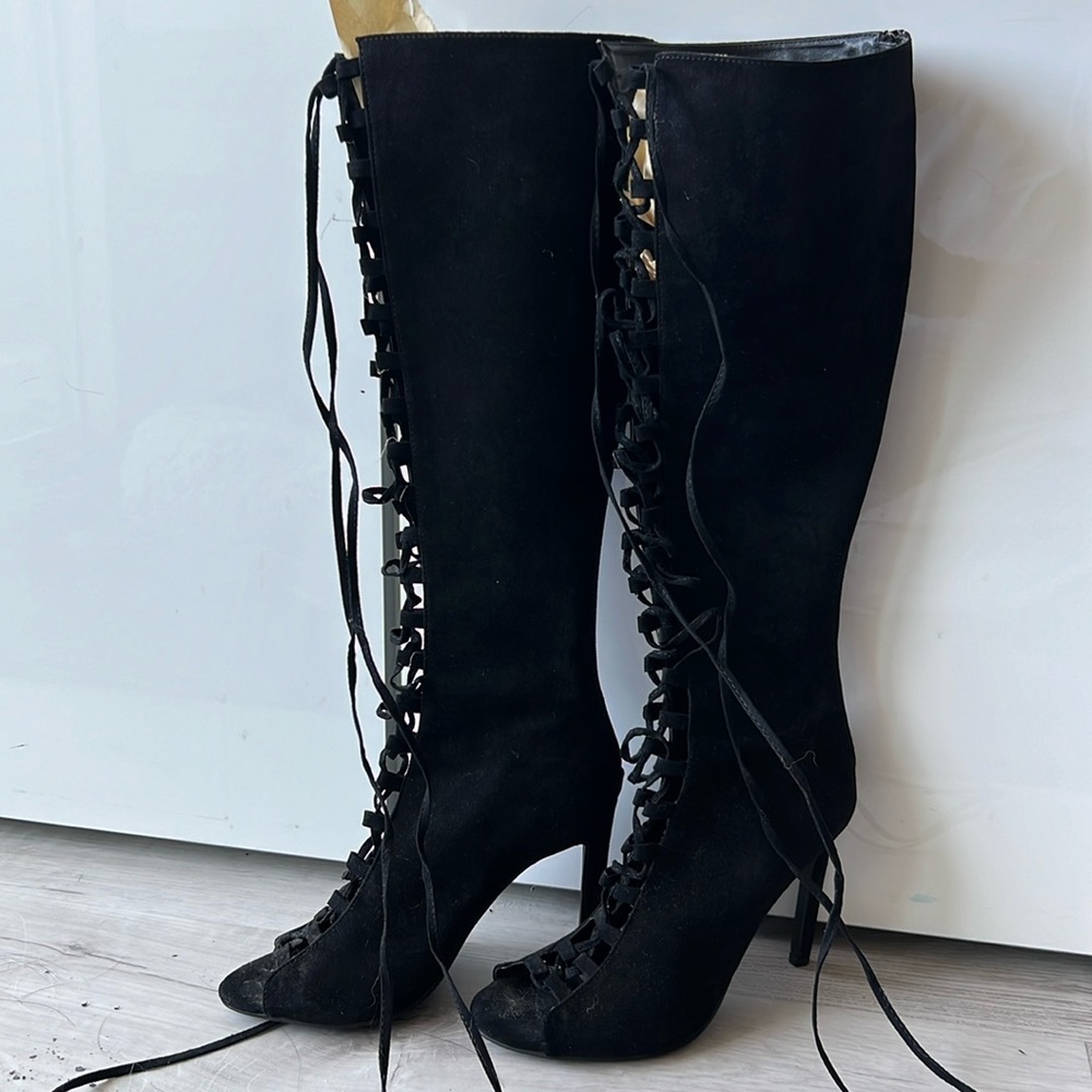 Lace up suede knee high heels